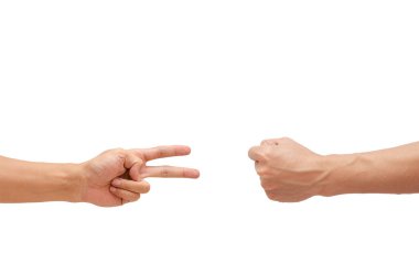 Adamın eli bir oyun gösteren rock-kağıt-makas.