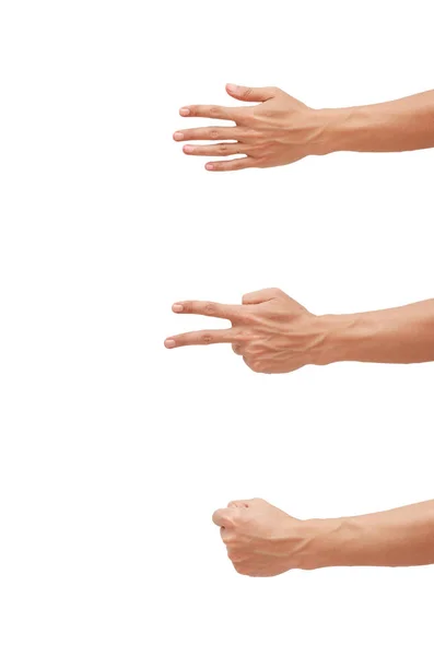 Die Hand eines Mannes, der eine Stein-Papier-Schere zeigt. — Stockfoto
