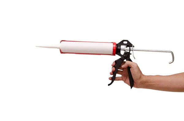 Pistola de calafateo de mano para hombre y sellador de silicona blanca —  Fotos de Stock