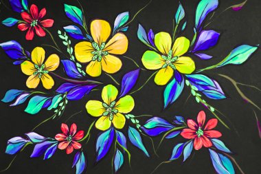 Siyah zemin çiçek illüstrasyon. Yağlı boya, İzlenimcilik stil, çiçek boyama, tuval, sanatçı,