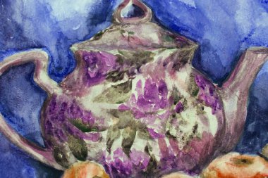 Suluboya ile çizim suluboya Brewer'la çay ve elma. doku suluboya resim natürmort resim. İzlenimcilik sanat, boyalı renkli görüntü, arka planlar ve duvar kağıdı, çiçek desenli  