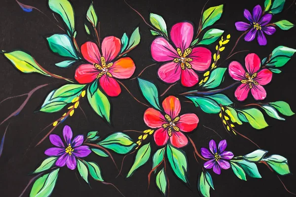 Blommor Illustration Svart Bakgrund Oljemålning Impressionism Stil Blomma Målning Canvas — Stockfoto