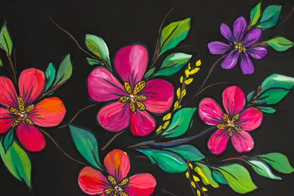Ilustracja Kwiaty Czarnym Tle Obraz Olejny Impresjonizm Styl Kwiat Malowania — Zdjęcie stockowe