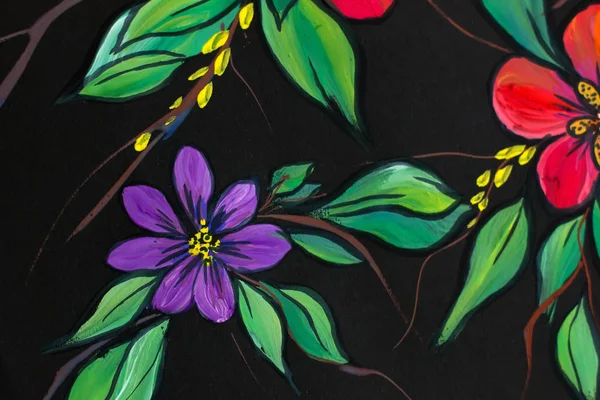 Ilustracja Kwiaty Czarnym Tle Obraz Olejny Impresjonizm Styl Kwiat Malowania — Zdjęcie stockowe