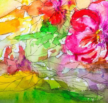 Suluboya, izlenimcilik tarzı, dokulu boyama, çiçek natürmort resim, boyama çiçek deseni, çizim ile boyama renkle boyalı