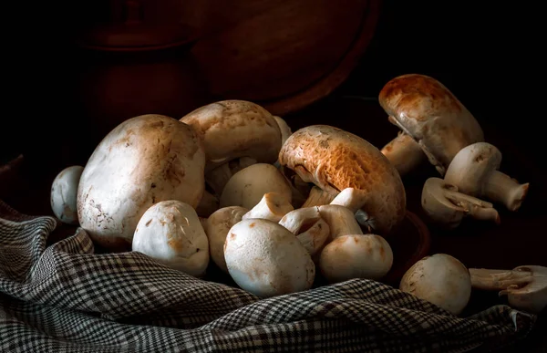 Fresh champignon mushrooms group on the table. Fresh vegetables — Stock Image Fresh champignon mushrooms group on the table. Fresh vegetables Stock Photo