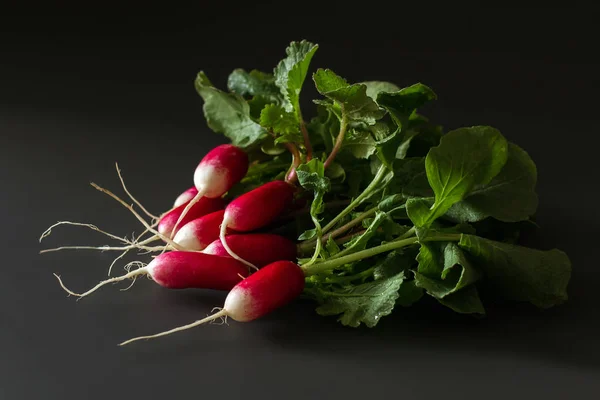 Świeża czerwona rzodkiew na ciemnym stole. Uprawa ekologicznych warzyw. A — Zdjęcie stockowe