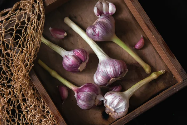 Fresh garlic. Top view of garlic in a vintage drawer sitting on