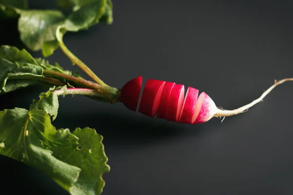 Radis rouge frais sur une table noire. Cultiver des légumes biologiques. A — Photo