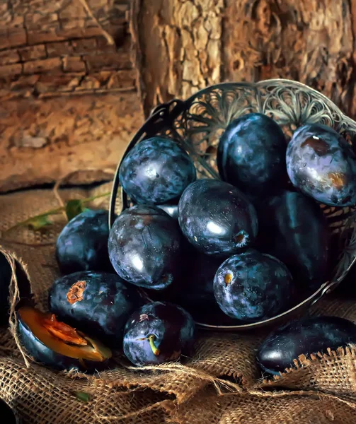 stock image Plum. Fresh plum. Harvest. fresh blue plums on a dark table. Aut