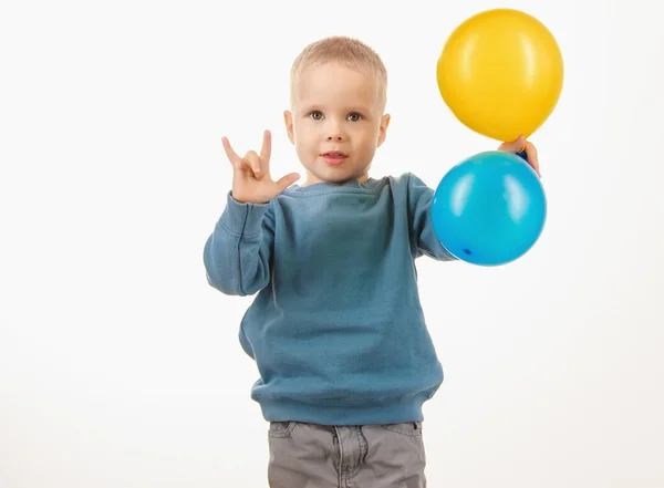 Liten Pojke Barn Som Håller Ballonger Lycklig Barndom — Stockfoto