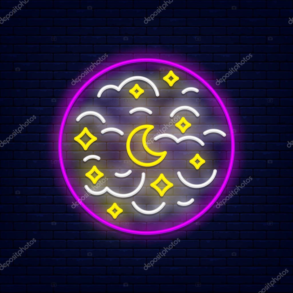 Night sky with month, stars and clouds. Neon banner at brick wall. Element for presentations, flyers, leaflets, posters or postcards. Vector, isolated, eps 10.