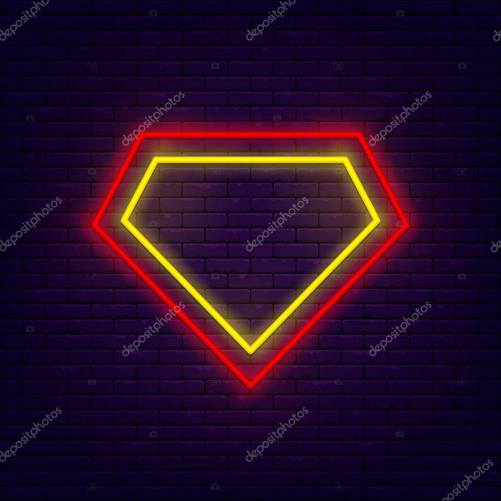 Superhero symbol. Colorful neon frame at brick wall. Red, yellow and orange. Element for presentations, smm, stories, posters or postcards. Vector, isolated eps 10