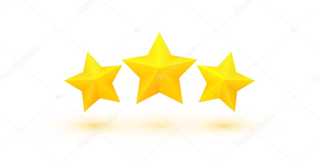 Three fat golden stars with shadows. Excellent quality rating. Vector, isolated, eps10