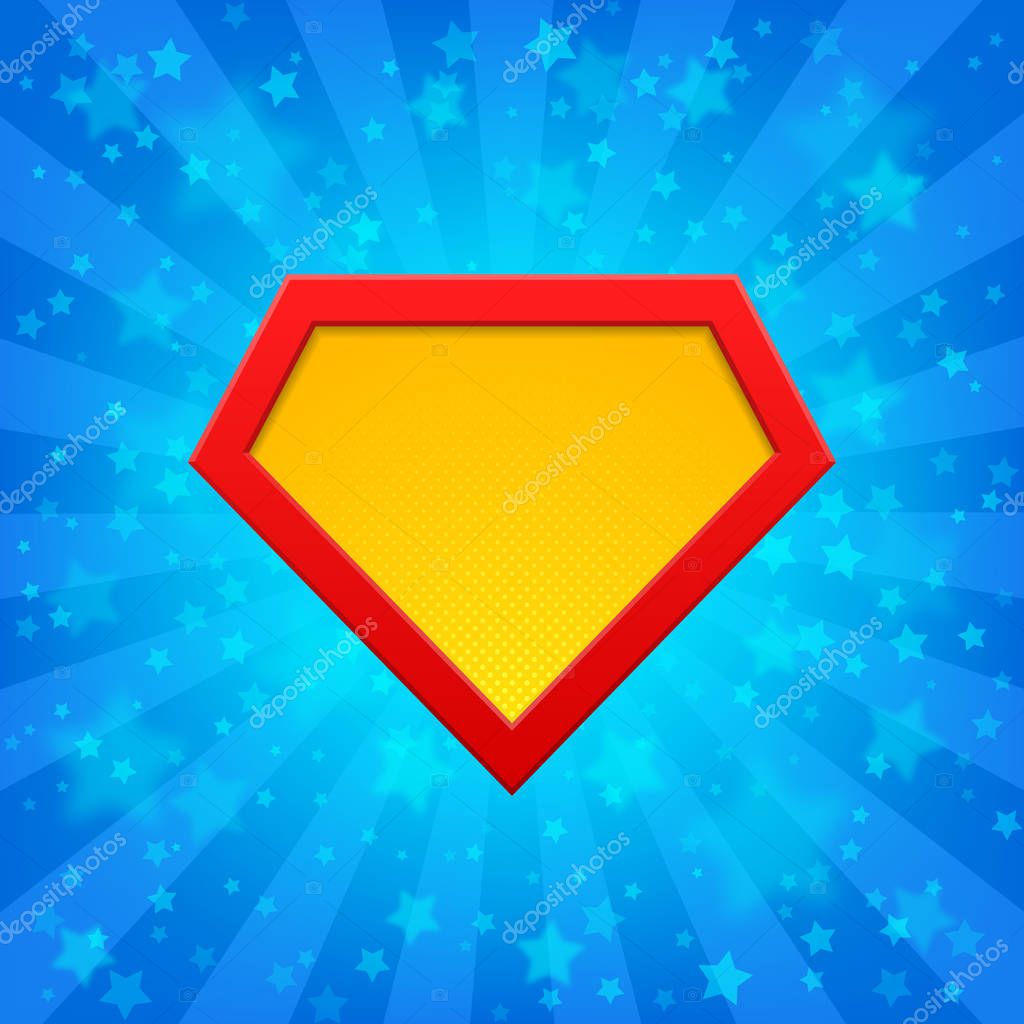 Superhero logo template at bright blue rays background with stars. Halftone dots, shadows.