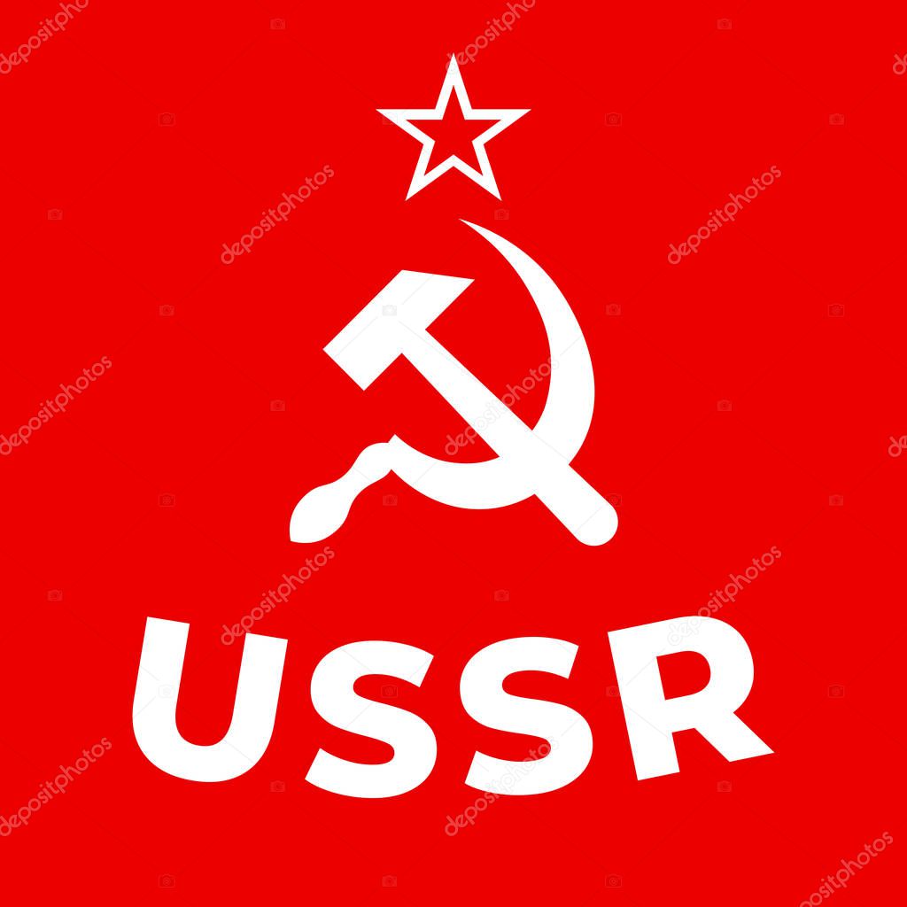 White hammer and sickle with star at red background.