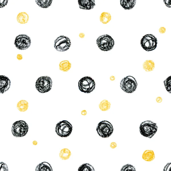 Abstract seamless scandinavian pattern. Hand drawn watercolor background with black and yellow polka dot circles. Pencils drawn  design print.