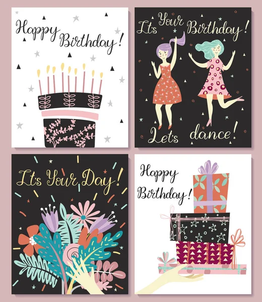 Birthday cards set. Bouquet of flowers in hand. Birthday cake with candles and congratulations lettering. Two girls dance in dresses at the birthday party. Hand with gifts and wishes of happiness.