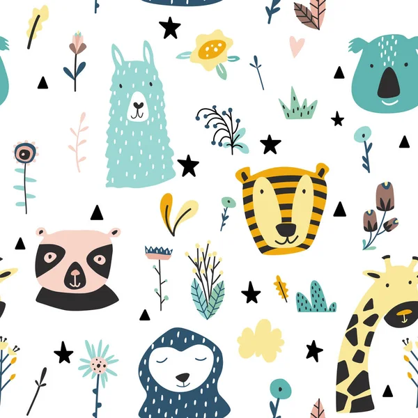 Safari baby animals seamless funny pattern. Vector kid print. Hand drawn doodle illustrations in scandinavian style.