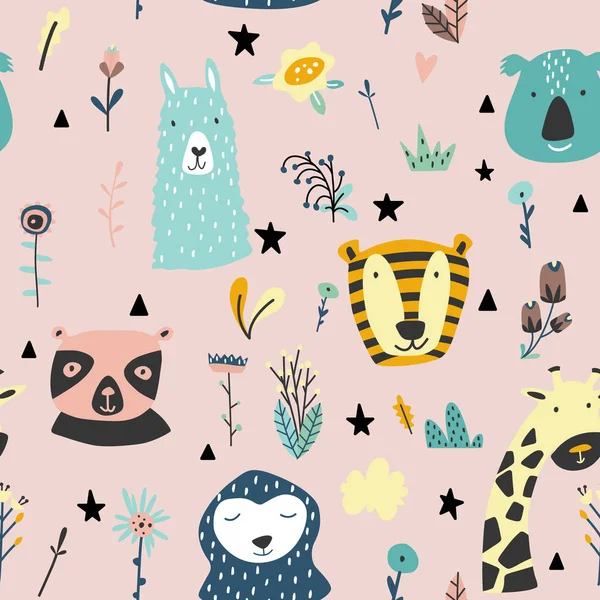 Safari baby animals seamless funny pattern. Vector kid print. Hand drawn doodle illustrations in scandinavian style. Pink background.
