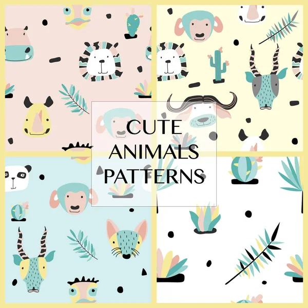 Set of safari baby animals seamless funny patterns. Stock Vector
