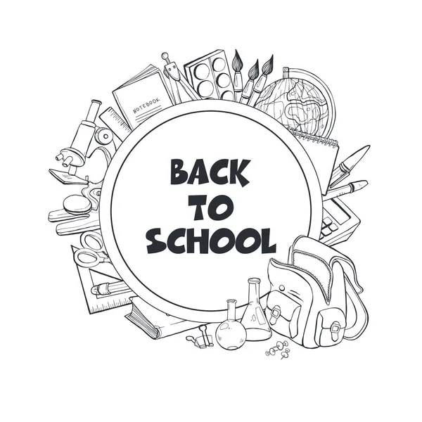 El okul nesneleri daire çerçeve çizilmiş. Beyaz arka plan üzerinde izole eğitim tasarım öğeleri vektör Illustration. Okula dönüş.