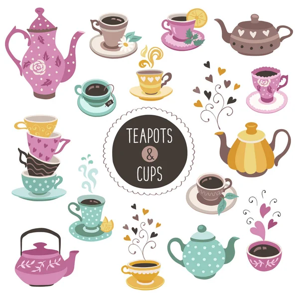 Teapots and cups collection — Stock Vector