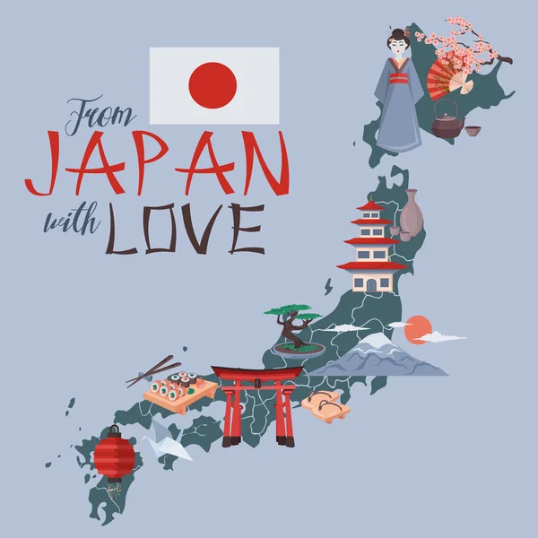 Hou Van Japan Poster Japanse Kaart Met Kleurrijke Symbolen Van — Stockvector