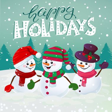 Şapka, bere ve eldiven tatil yazı karlı zemin üzerine üç komik kardan adam. İyi Bayramlar. Neşeli Noel vektör çizim.