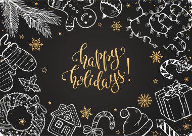 Neşeli Noel kompozisyon doodle tarzı siyah arka plan üzerine. Xmas geleneksel semboller vektör Illustration. Gingerbread, yılbaşı ağacı, garland ve çelenk tasarım öğeleri. İyi Bayramlar.