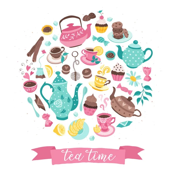 Tea time circle composition — Stock Vector