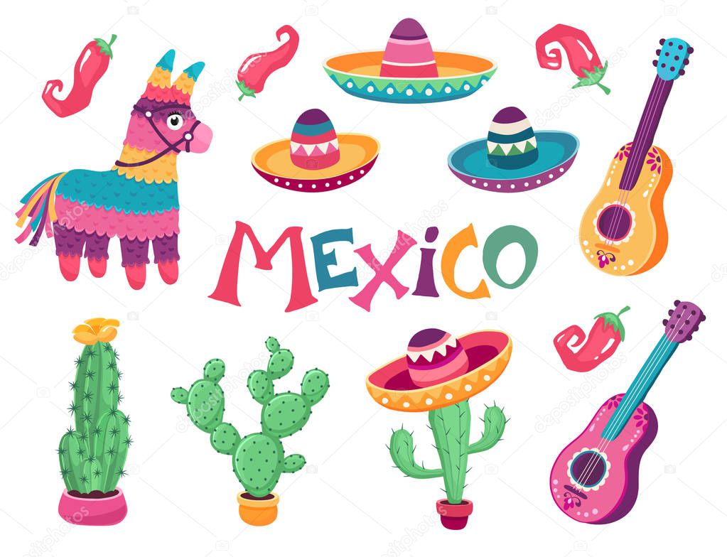 Mexico festival culture vector art. Mexican donkey, sombrero, guitar, cactus and jalapeno illustration isolated on white background.