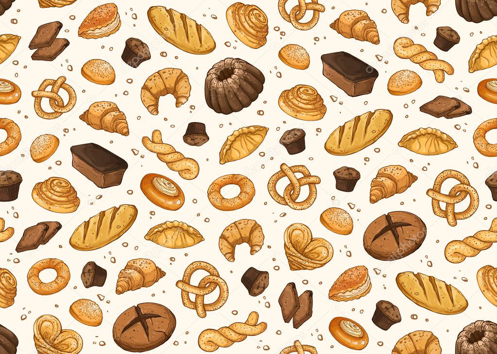 Bakery background. Vector seamless pattern with pastry. Hand drawn cakes and pies wallpaper. Bread objects isolated on white.