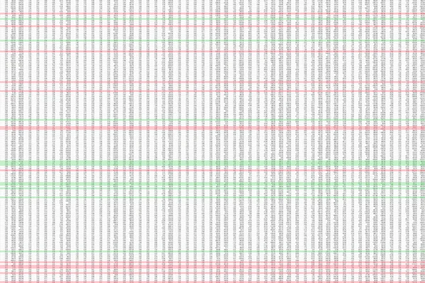 Высокосложная Цифровая Таблица Данных Десятичными Числами Некоторые Линии Отмечены Красным — стоковое фото