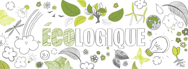Franska Ecologic Grön Illustrationer Doodles Vektor Banner — Stock vektor