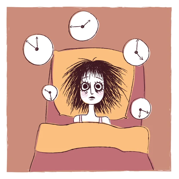 Illustration of an insomniac woman trying to sleep