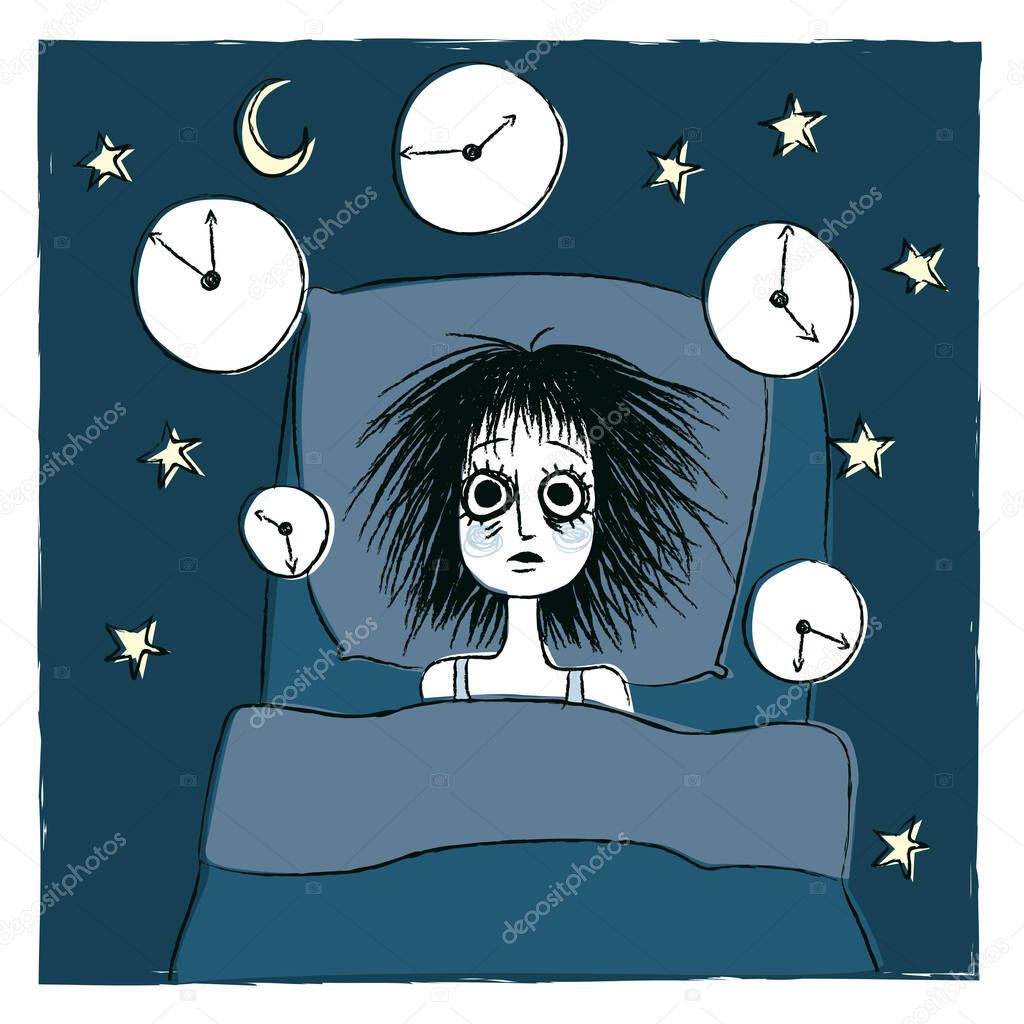 Illustration of an insomniac woman trying to sleep