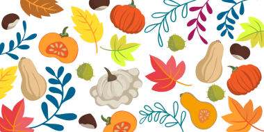 Balkabakları, kabaklar, kestaneler ve turuncu, kırmızı, sarı ve yeşil renkli yapraklarla dekoratif sonbahar arkaplanı. Mevsimlik hasat tasarımı