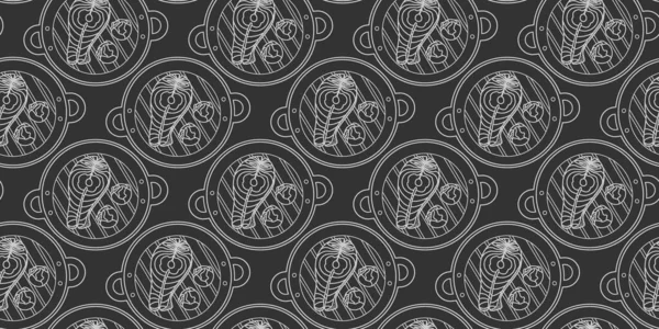 Ana hatlarıyla Brüksel lahanası ve Izgara Tavada Somon Bifteği Kusursuz Kireç Efekti Afiş Biçimi. İzole edilmiş Vektör illüstrasyonu Sağlıklı Gıda Yeme Arkaplanı Afişleri, broşürler, fiyat etiketleri, medya paylaşımı