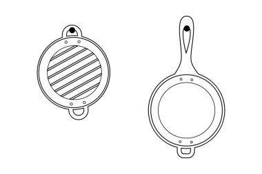 Outline Grill Pan with Grate and Fried Pan Hanging on Nail Kitchen Minimalistic Design Elements Set. Isolated Vector illustration Sticker Icon Logo Menu Recipe Cards Culinary blogs, price tags, labels