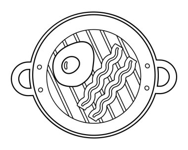 Outline Grill Pan with Fried Egg and Bacon Stripes Traditional English Breakfast Minimalistic Design. Isolated Vector illustration Icon Sticker Pictogram Food Poster Thematic Menu Card minimal element