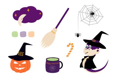 Halloween Characters and Design elements Pumpkin and Snake in Witch Look Broom Spider and Web Bundle. Isolated Vector illustrations Halloween Greeting Themed Cards Party invite Banner, leaflets, label