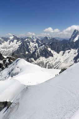Views from LA'Aiguille Du Midi in Chamonix, France. In the image climbers ascending Mont Blanc with an official altitude of 4810.06 meters. It is the highest point in the European Union clipart