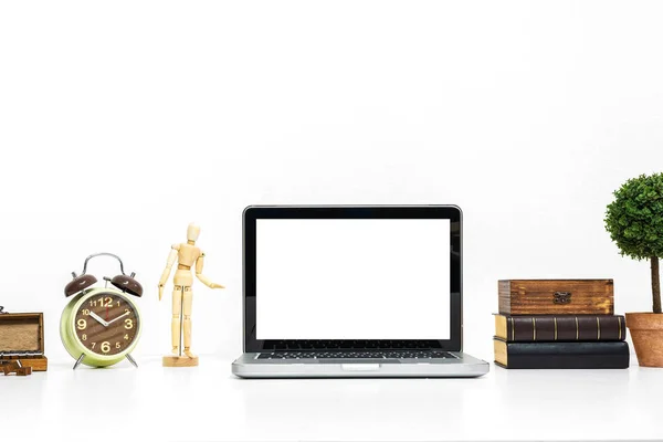 Laptop mockup on stylish organized working desk office.