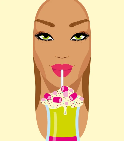 Face Girl Pink Lips Drinking Cool Multi Layered Colored Cocktail — Stock Vector