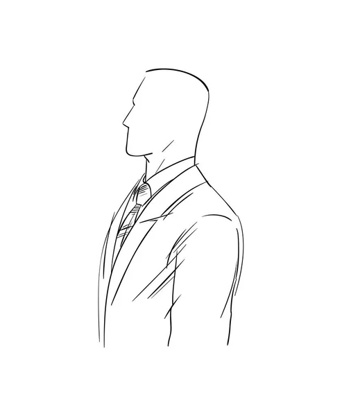 商人在一件公务西装上穿着一件夹克和领带 为一个老板的剪影做了一个标识 男子穿着严格男装 政治家或律师形象 黑线画素描 — 图库矢量图片