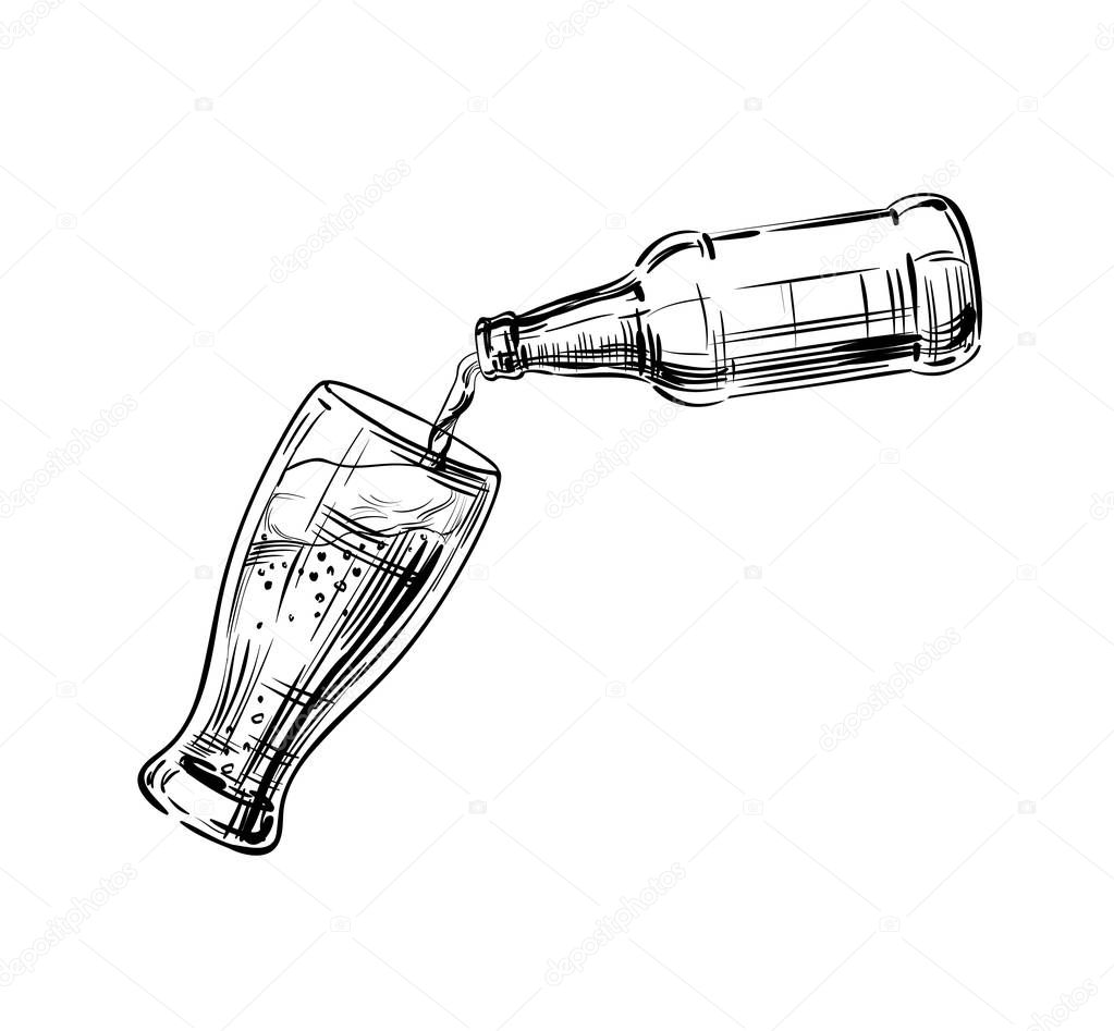 Beer from the bottle is poured into a glass, a mug. Kraft drink with frothy head for a convivial or celebratory toast. Hand drawing sketch for a menu of breweries, pubs and restaurants. Vector