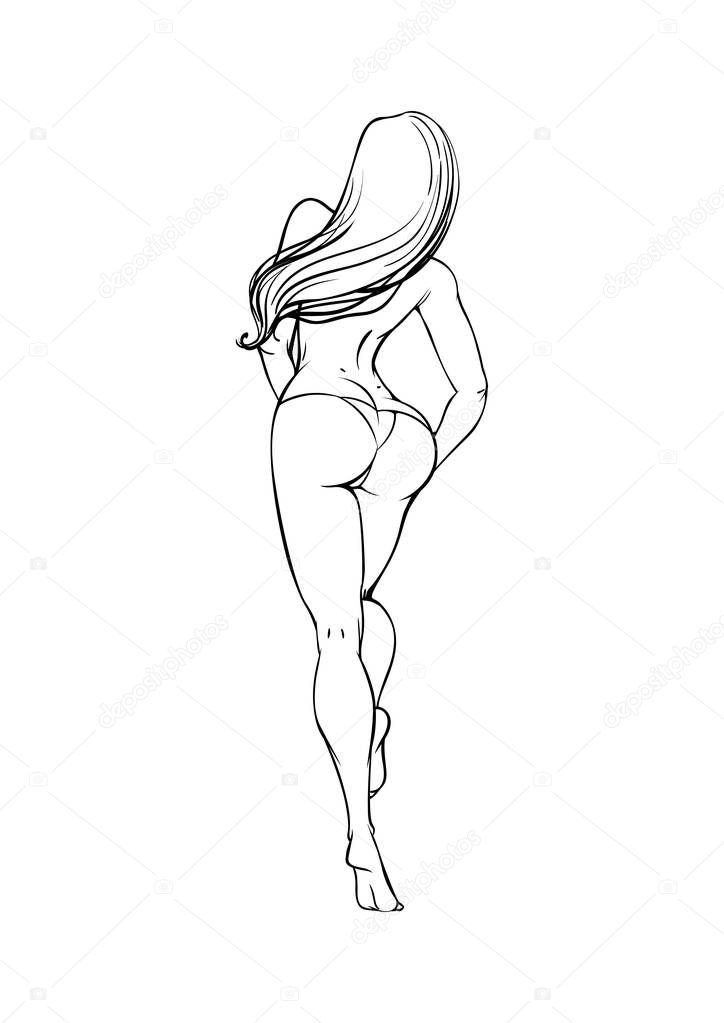 Sexy girl with an athletic figure and a beautiful booty, legs. Passionate Woman in a bikini is depicted from the back, walking wagging her buttocks, hips. Erotic vector sketch in black lines
