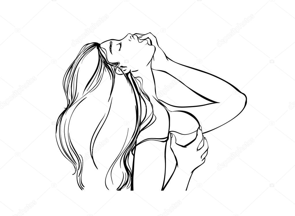 Young Sexy Passionate Woman with an open mouth, lips. Female with a beautiful body Excitedly with Desire stroking herself and squeezing her breasts, chest. Erotic vector sketch in black lines