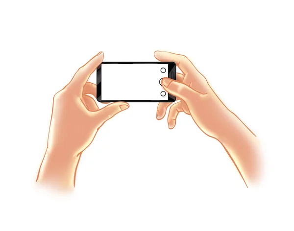 Men\'s Hands holding a smartphone with blank space, make a photo or selfie. Illustration, Color sketch a man with a cell phone takes picture, video, movie, promo post image for social networks